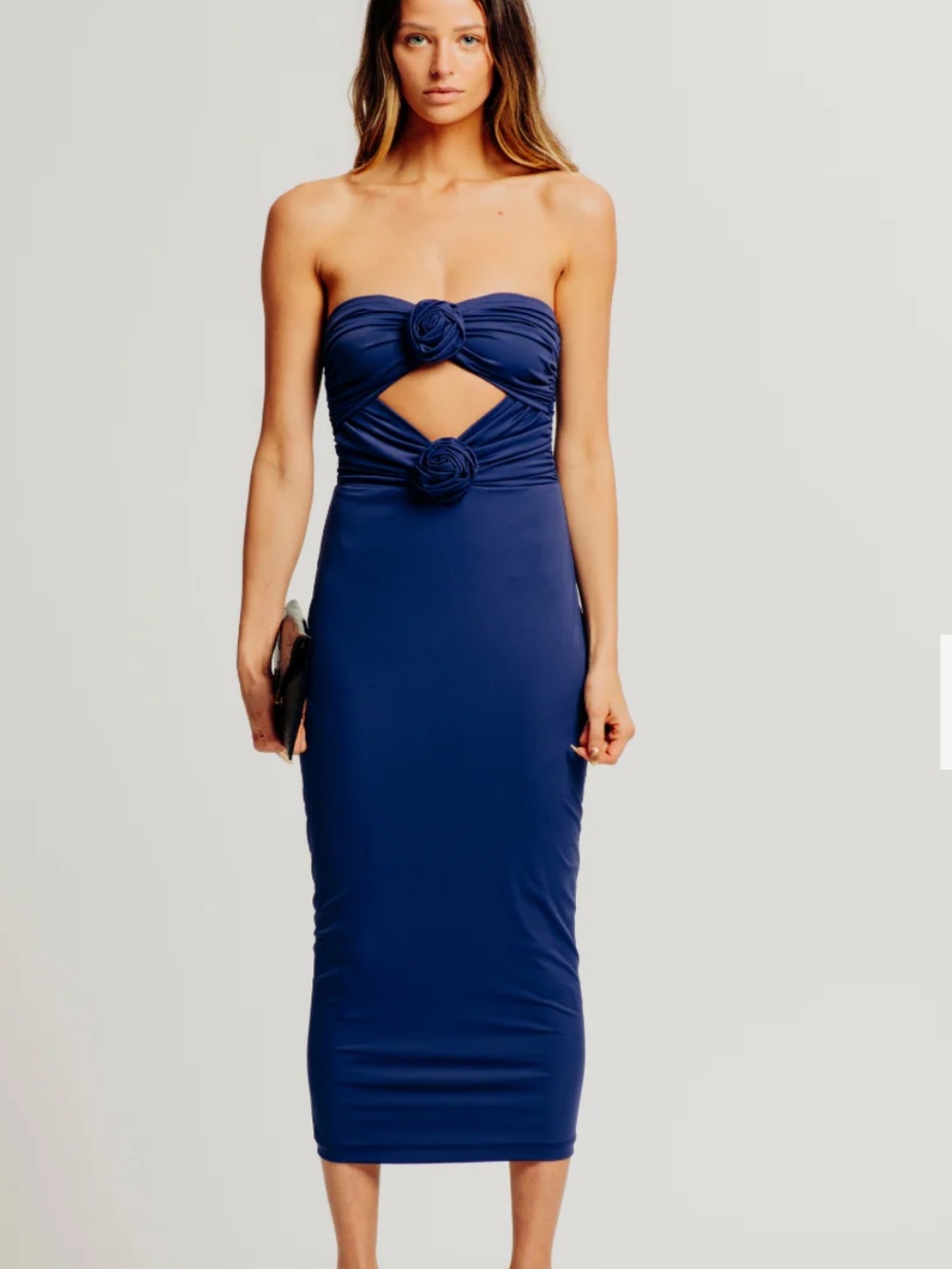 Torn by Ronny Kobo Navy Strapless Cutout Knot Midi Dress